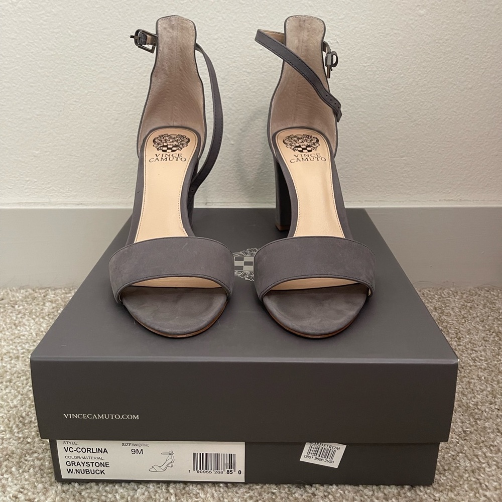 Vince Camuto Corlina Ankle Strap Block Heel size 9 grey Nubuck Leather